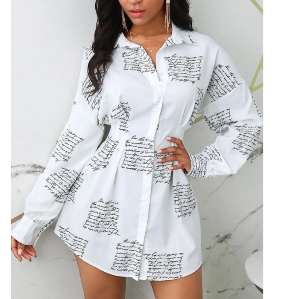 Chicme Large White Oversized Dress shirt Buttoned Down Dress with fitted waist